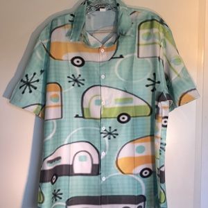 *New Retro Aqua Trailer casual camping button-down T-shirt. All over print